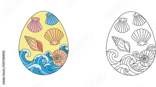 Marine themed Easter egg illustration with ocean waves and seashells. Includes colored version and black and white line art for coloring book page.