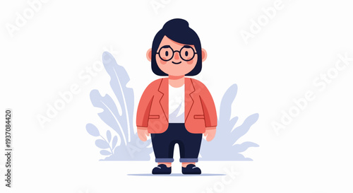 A cartoon woman with dark hair, glasses, a coral blazer, and dark trousers stands against a white background with blue foliage