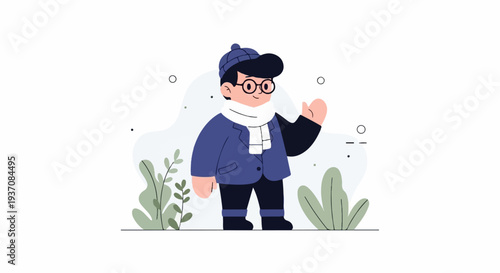 Friendly character wearing winter attire and a scarf, waving hello amidst abstract shapes and plants