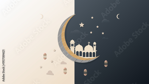 crescent,  start,  and mosque in morning and night ramadan and eid mubarak background