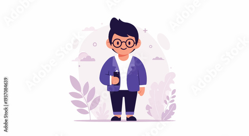A stylized cartoon figure of a young person with dark hair and glasses holding a smartphone