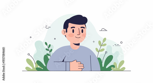 A happy person in a serene natural setting with plants and abstract shapes