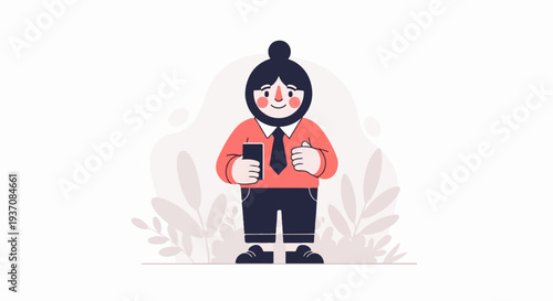 Cheerful person in formal attire with phone, surrounded by stylized plants