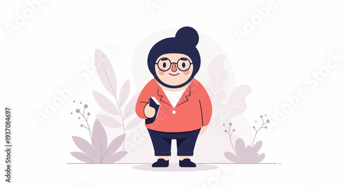 Whimsical cartoon character, a rosy-cheeked person in a coral jacket and dark pants, holds a book