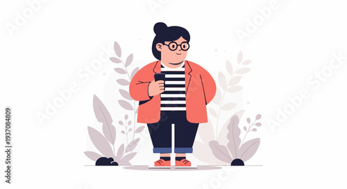 A person in a coral jacket and striped shirt holding a phone surrounded by leaves