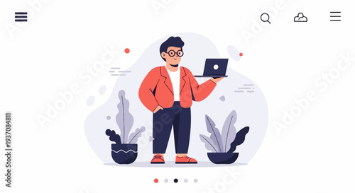 A man in glasses and an orange jacket holds a laptop, standing between two potted plants