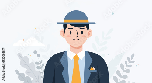 Stylized portrait of a smiling man in a hat and suit, with muted foliage and clouds