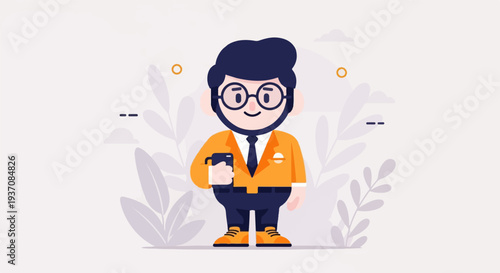 Stylized male character in orange jacket and dark blue pants holds phone
