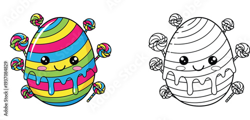 Kawaii Easter egg dripping icing with lollipops, featuring a colorful vector illustration and a black and white outline version for coloring book pages.