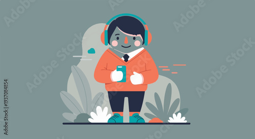 A cartoon figure wearing headphones and a sweater, holding a smartphone and surrounded by stylized foliage