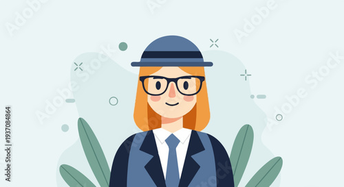 Animated character wearing hat, glasses, suit, and tie, with abstract background
