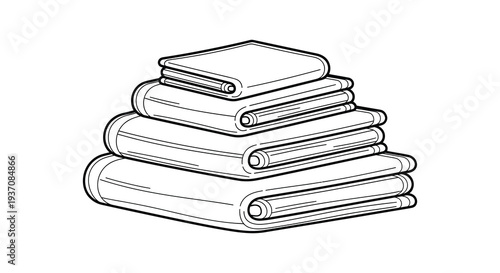 A neatly stacked pile of folded towels is depicted in a simple black and white line drawing