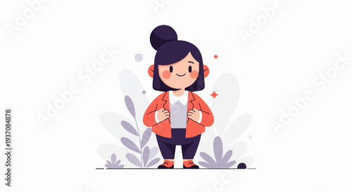 A stylized cartoon figure with dark hair in a bun, wearing a coral jacket and dark trousers