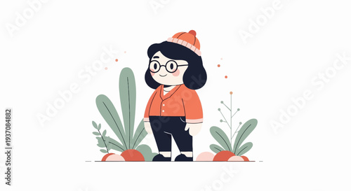 Adorable person in a beanie and orange jacket stands amidst stylized plants and rocks