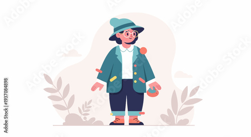 A stylized character in a hat, jacket, and pants, holding a bag