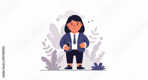 A stylized person in a suit holding a phone, surrounded by abstract plants