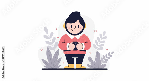 Cheerful person with headphones and phone, surrounded by abstract foliage