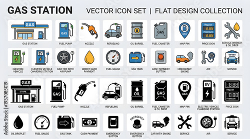 Gas Station Service Icons, Fuel Pump Oil Barrel and Energy Symbols Pack