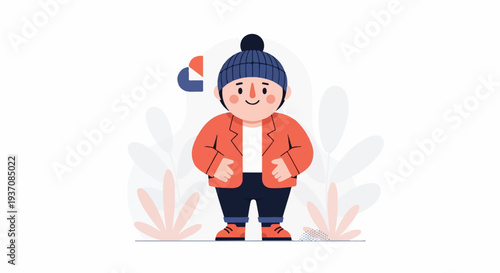 A cartoon child wearing a beanie, jacket, and pants stands against a white background with abstract plants