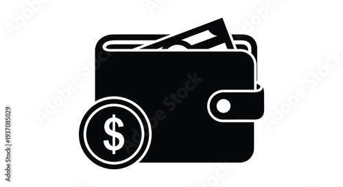 A black silhouette icon depicting a wallet with money and a dollar sign high quality professional