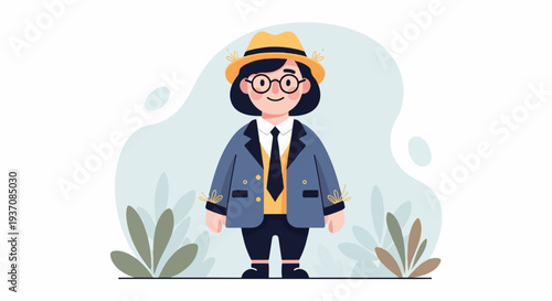 Cheerful character in a hat, jacket, and tie, surrounded by abstract shapes and plants