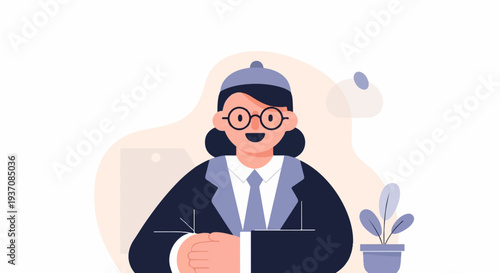 Illustration of a woman in formal attire, wearing glasses, with a potted plant nearby