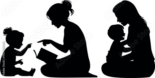 Black Silhouette Vector Illustration of a Mother Reading to Her Child and Hugging a Baby for Motherhood Parenting and Family Bonding Concept Designs