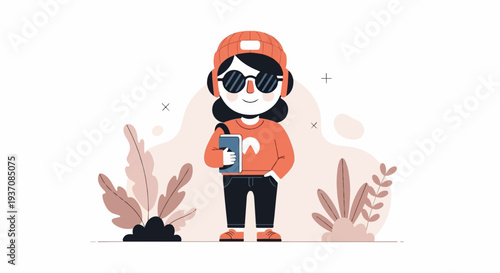 Trendy person with headphones, glasses, and books, surrounded by stylized plants