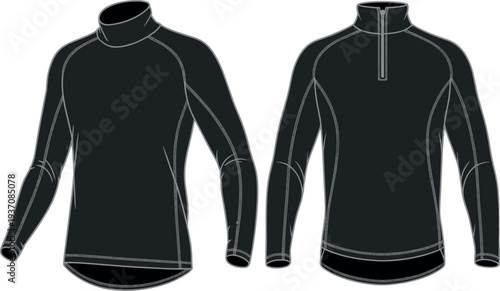 MobileBlack Long Sleeve Quarter Zip and Turtleneck Athletic Shirt Vector Technical Sketch Front View Template for Sportswear Fashion Design Mockup Isolated on White Background