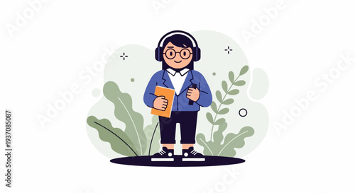 A person in headphones holding a book and a pen, amidst abstract foliage