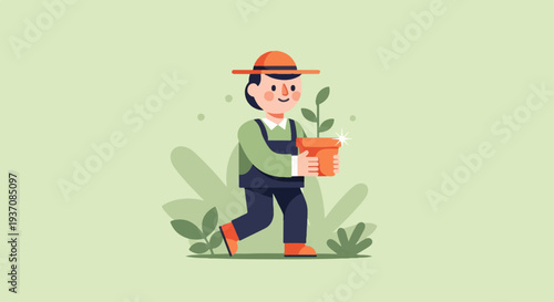 Cartoon person in overalls and hat carrying a potted plant, with green foliage