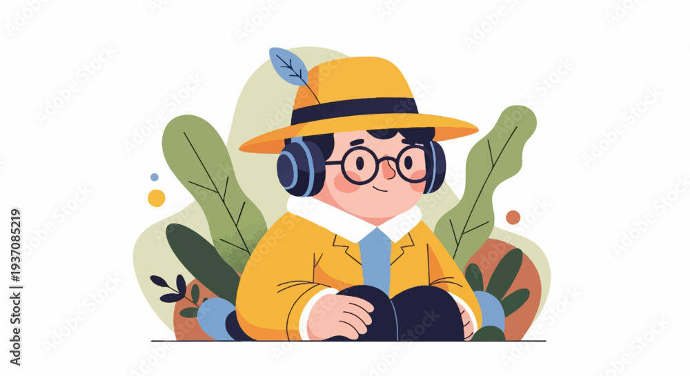 Obraz premium Cartoon character wearing headphones, a hat with a feather, and a yellow coat, sitting amongst stylized foliage
