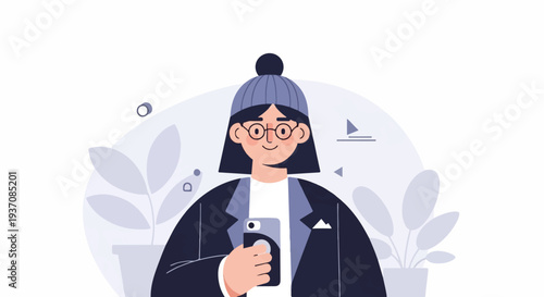 A person in a beanie and glasses holds a phone, framed by abstract shapes and plants