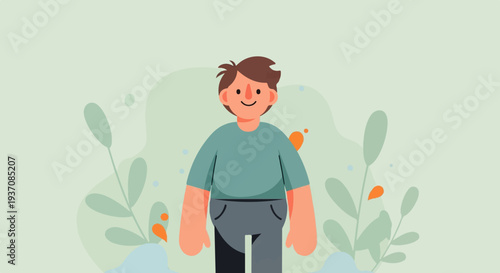 A smiling cartoon character stands amidst abstract floral elements and colorful dots against a pale green background