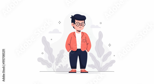 A stylized illustration of a person with dark hair, glasses, and a coral jacket