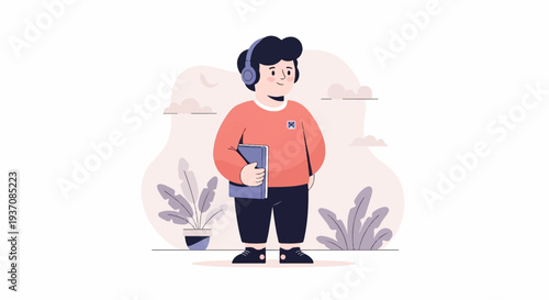 A person with headphones and a book stands near potted plants, with clouds in the background