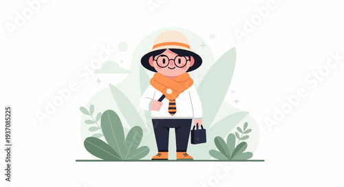 Animated person in safari hat and scarf holding briefcase and magnifying glass