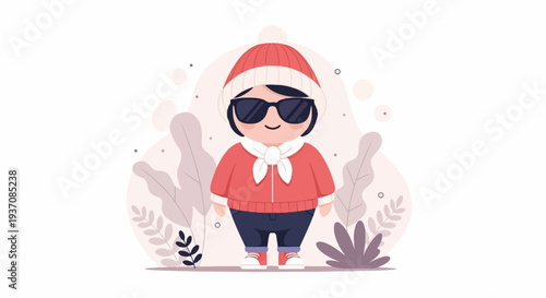 Cute cartoon character in winter attire with sunglasses and a scarf