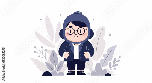 Cute character with glasses and headset, surrounded by leaves