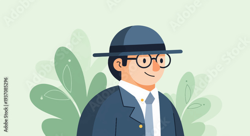 Stylized character in formal attire and hat, set against a soft green background with abstract plant shapes