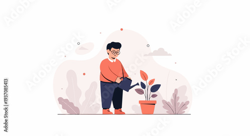 Person watering a potted plant with abstract background