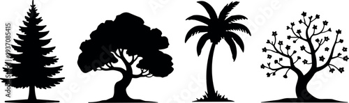 Black Silhouette Vector Illustration of Various Tree Species Including Pine Oak Palm and Flowering Trees for Nature Landscape and Environmental Design Projects