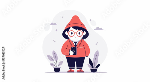 A stylized character in a red hat and jacket holds a smartphone, surrounded by plants and clouds