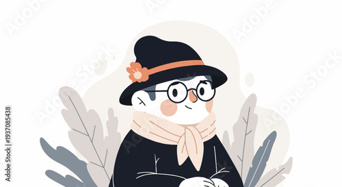 A cute illustration of a person wearing a hat and scarf, surrounded by plants