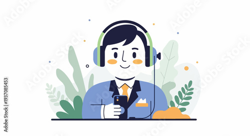 Cheerful person in headphones looking at phone amidst foliage