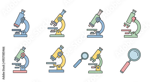Collection of various microscopes and a magnifying glass for scientific research and analysis, isolated white background.