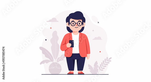 A stylized person in a red jacket and blue pants holds a black phone, with plants and clouds