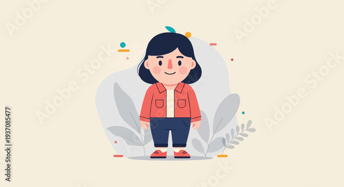 A cheerful character with dark hair, red shirt, and blue pants stands against a pale backdrop with stylized plants