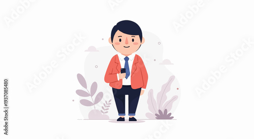 Cheerful business person in orange jacket and blue tie holding a smartphone, surrounded by plants