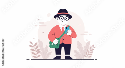 Animated person with hat and glasses holding a phone, wearing a satchel